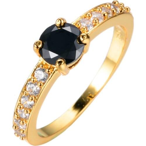 Cool Female Black Round Crystal Ring Charm Yellow Gold Color Engagement Ring Simple Zircon Stone Round Wedding Rings For Women