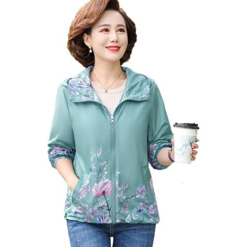 Middle-Aged Elderly Womens Jackets Outerwear Summer Thin Hooded Printed Jacket Sun Protection Clothing Female Tops Mother Dress