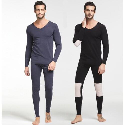 Mens velvet heating fiber autumn clothes long trousers suit seamless thermal underwear mens middle-aged and young thermal suit