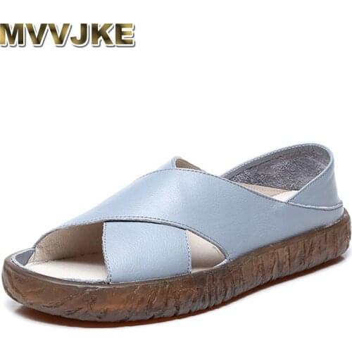 MVVJKE Women Mother Ladies Female Shoes Sandals Flats Cow Genuine Leather Pigskin Summer Cool Beach Size 35-40