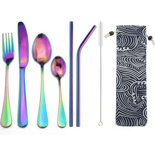 Shiny Rainbow Dinnerware Set 304 Stainless Steel Silverware Sets Steak Knife Forks Coffee Spoons Bag Straws Set Outdoor Travel