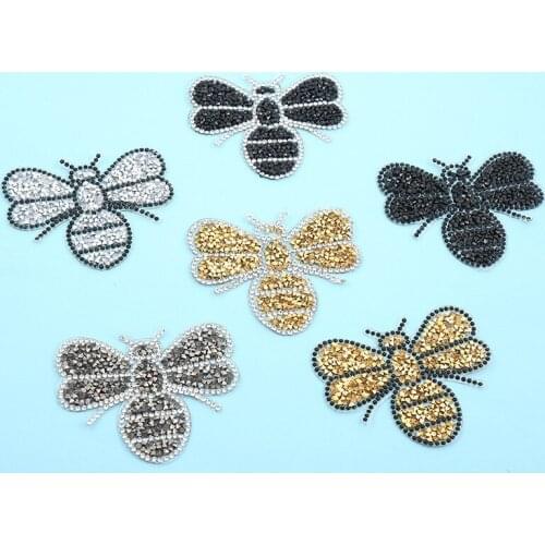 20pcs/lot Diamond Embroidery Patch Gold Silver Bee Hot Drill Women Shirt Dress Clothing Decoration Iron Heat Transfer Applique