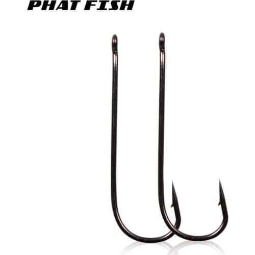 PHAT FISH 100pcs Black Nickel Off Set Long Shank Single Hook Freshwater Saltwater Trout Fishing Accessories Pesca