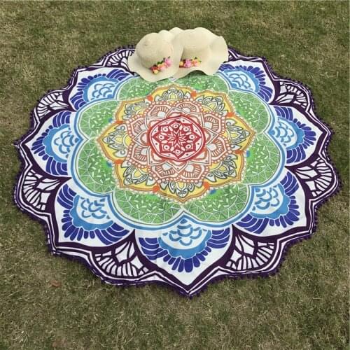 Hot Women Chic Tassel Indian Mandala Tapestry Lotus Printed Bohemian Beach Mat Yoga Mat Sunblock Round Bikini Cover-Up Blanket
