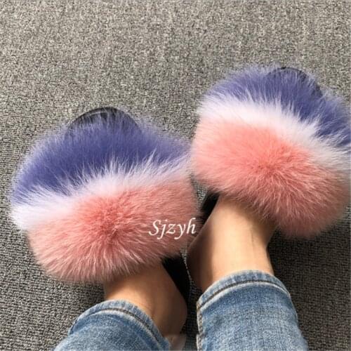 Womens Winter Fox Fur Slides Indoor Warm Cotton Shoes Girls Furry Slippers Luxury Fluffy Flip Flops Female Plush Sandals New