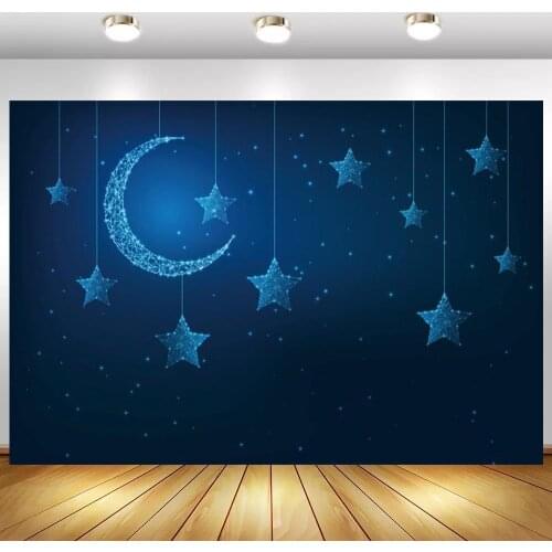 Dark Blue Glitter Stars Moon Newborn Baby Shower Photo Background Night Sky Kids 1st Birthday Party Backdrops Vinyl Poster Decor