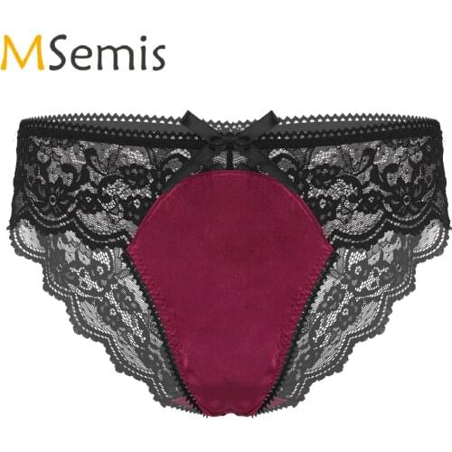 Mens See-through Floral Lace Lingerie Underpants Erotic Sexy Satin Patchwork Underwear Sissy Nightwear Low Waist Briefs Panties