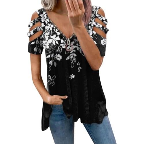 Women Elegant Zipper Shirt Fashion Short Sleeve Printing Prints Tops Loose Casual Plaid Pocket V-neck Blouse Blusas Y Camisas