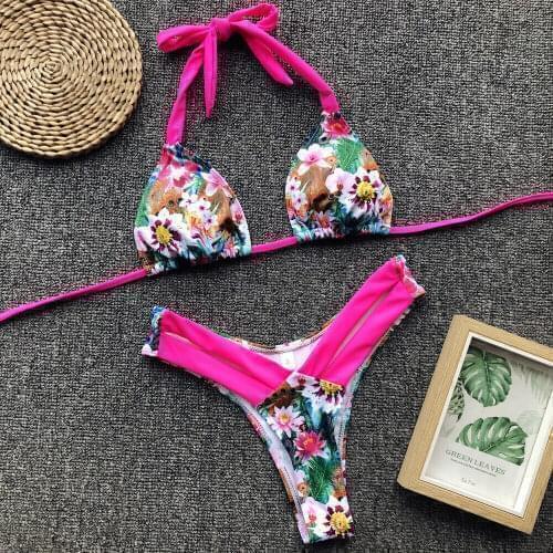 2019 Sexy Halter Retro Floral Leoprad Print Bandage Bikini Set Bathing Suit Ladies Swimsuit High Waist Swimwear Summer Beachwear