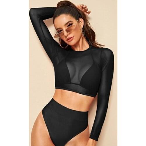 Long Sleeves Colors Sexy Mesh Brazilian Bikini Swimsuit Split High Waist Triangle 3 Piece Bathing Suit Women Bra and Panty Set