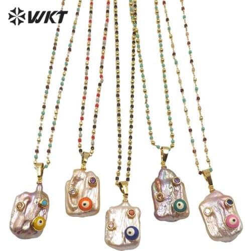 WT-MN960 Amazing hot square evil eye charm pearl necklace hot beads chain white freshwater pearl necklace