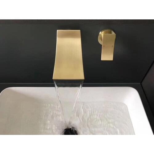 Free ship Brushed gold Waterfall Wall-mounted Bathroom Sink Square Faucet Single Handle