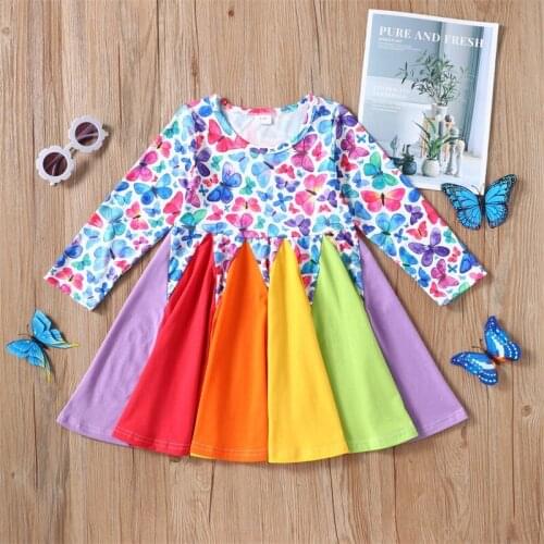 Baby Girl Dress Spring and Autumn Toddler Kids Children Long Sleeve Butterfly Printing and Rainbow Patchwork Dresses