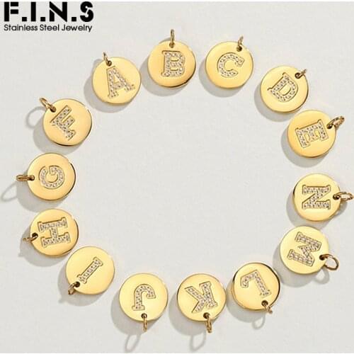 F.I.N.S A-Z 26 Zircon Alphabets Small Pendant for Necklace Not Fade Stainless Steel Gold Color Round Charms Make for Jewelry