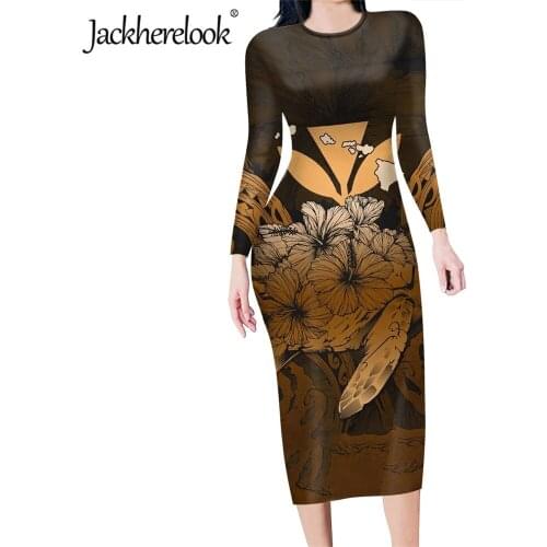 Jackherelook Vintage Women Slim Party Dress Kanaka Maoli Samoan Floral Print Spring Long Sleeve Bodycon Pencil Dresses Vestido