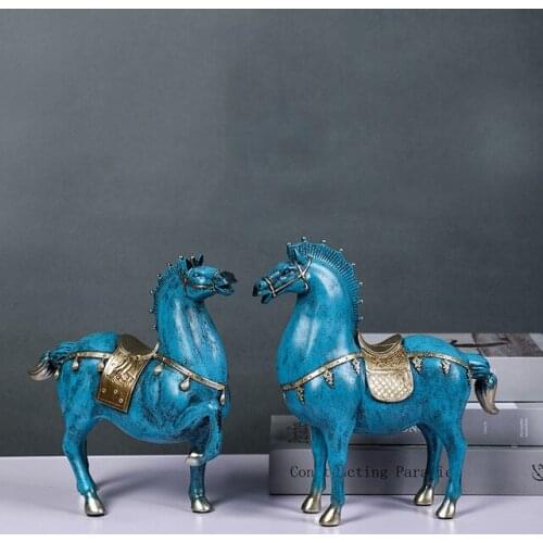 Chinese Blue Warriors Horse Resin Sculpture Office Bookcase Furnishing Decoration Home Livingroom Desktop Figurines Accessories