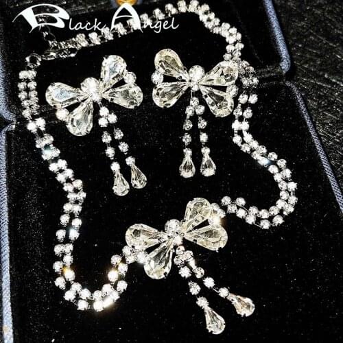 BLACK ANGEL New Fairy Design Jewelry Sets Splicing Zircon Butterfly Pendant Necklace Bowknot Tassel Earrings for Women Choker