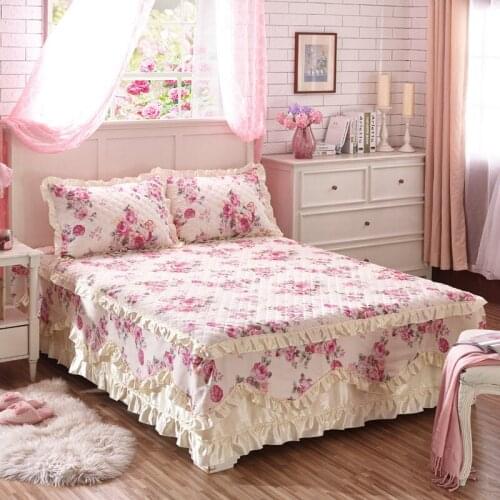 3pcs Korean Bed skirt Set Thicken Bed Cover 100%Cotton Quilted Ruffles Bedspread Pastoral Flower Bedclothes Sheet Home Textile