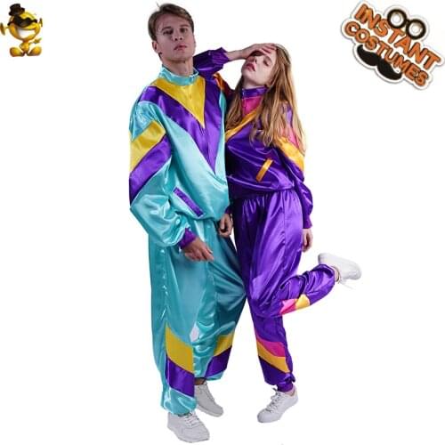 Women 1980s Disco Suit Fancy Dress Hippie Costumes Men Cosplay 80s Disco Tracksuit Clothes Adult Couples for Costumes