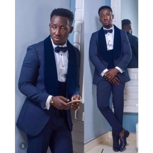 Fashion 3 piece Blue Groom Tuxedos Men Suits For Wedding Formal Shawl Lapel Best Man Groomsmen Dinner Party Prom Suit Plus Size