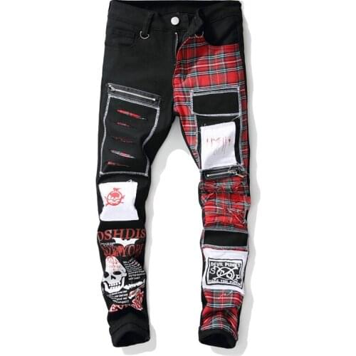 New Mens skull printed Scottish plaid patchwork jeans Trendy patches design black ripped distressed denim long pants trousers