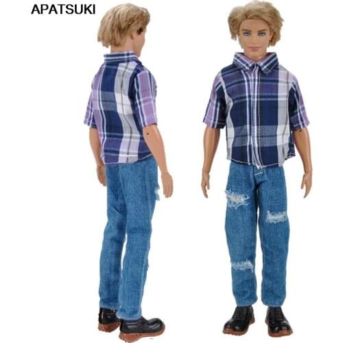 1set Doll Clothes For Ken Doll Fashion Plaided Shirt & Jeans Pants Clothes For Barbies Boyfriend Ken 1/6 Male Doll Accessory