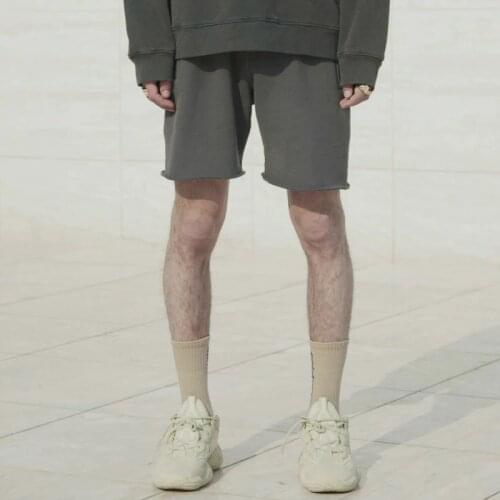 Kanye West Heavy Cotton Fleece Sweat Shorts Washed Grey Casual Streetwear Zipped Pockets