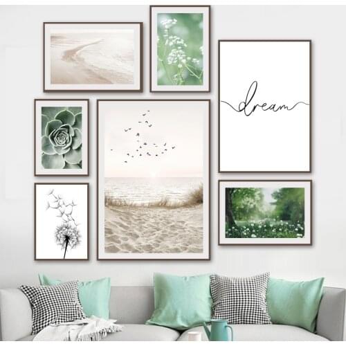 Bird Beach Grass Dandelion Cactus Flower Calm Waves Nordic Poster Wall Art Print Canvas Painting Decor Pictures For Living Room