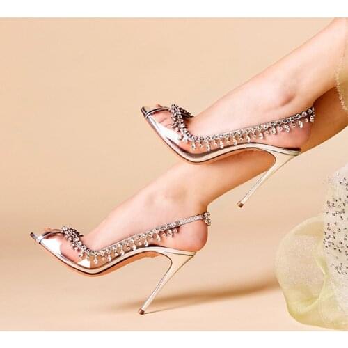 Clear PVC Blade Shoes Woman Pumps Crystal Embellished Silver Metallic Leather slingback High Heels Peep Toe Sandals jelly Shoes