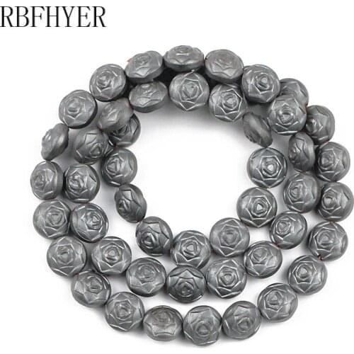 Natural 8mm Rose flower Shape Matte Black Hematite Stone Loose Spacer Beads for Jewelry Making Diy Bracelet Necklace 15 Inches