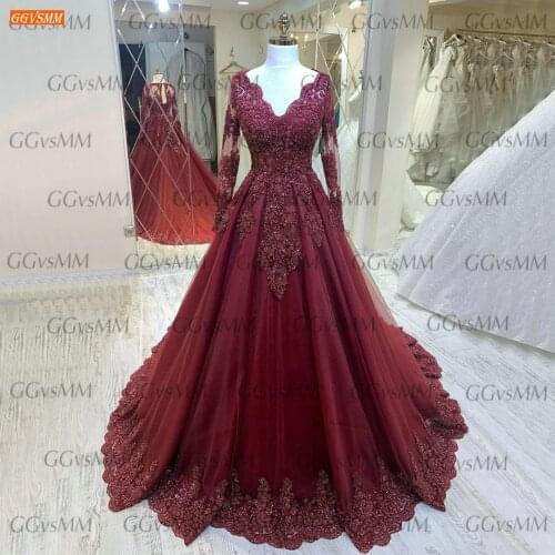 Luxury Beading Evening Gowns Long Sleeves V Neck 2021 Robe De Soirée De Mariage Lace Up Formal Party Dresses Women Abendkleider