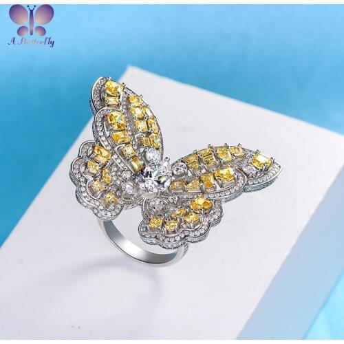 100% 925 Sterling Silver Super Luxury 33MM Butterfly Ring Very Shiny High Carbon Simulation Diamond Ring