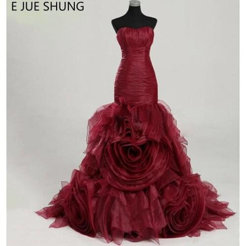 E JUE SHUNG Burgundy Organza Tiered Luxury Wedding Dresses 2017 Lace Up back Wedding Gowns bruidsjurken trouwjurk