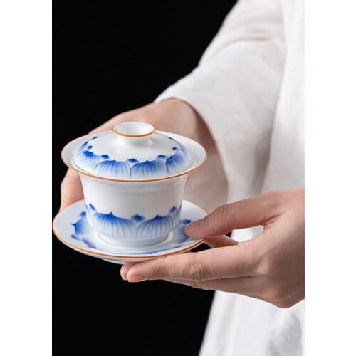 Jingdezhen blue and white hand-painted three talented tureen Kung fu tea set Zen lotus petal tea bowl Chinese gift