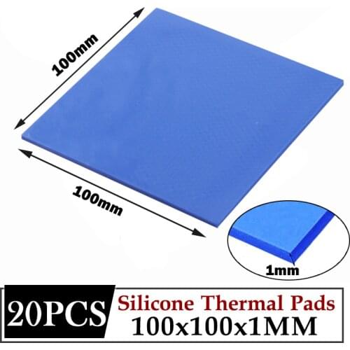 20pcs Lot 100mm*100mm*1MM 1MM Tichkess SMD DIP IC Chip Blue Thermal Pad CPU Heatsink Pad Cooling Conductive Silicone Thermal