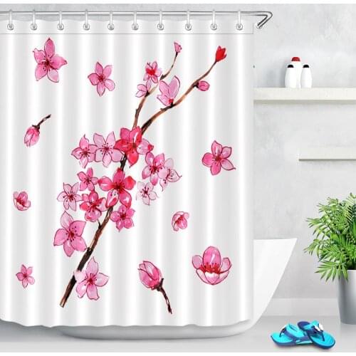 Pink Floral Cherry Blossoms Flower Fabric Waterproof Polyester Printing Shower Curtains Bathroom Curtain Bath Bathtub Accessory