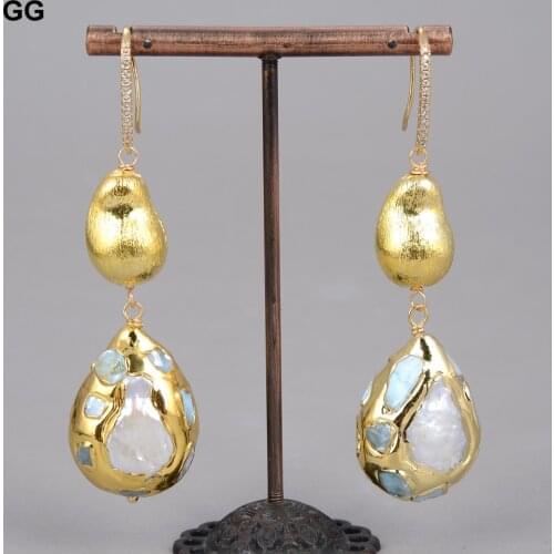 GuaiGuai Jewelry Natural Cultured White Pearl Teardrop Shape Blue larimars Pave Brushed Beads Dangle Hook Earrings