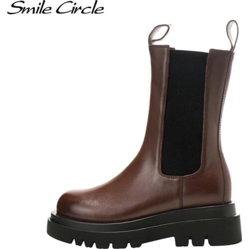 Smile Circle Autumn Slip-on Chelsea Boots Women Genuine Cow Leather fashion Round-toe Flat Platform Boots Lady shoes