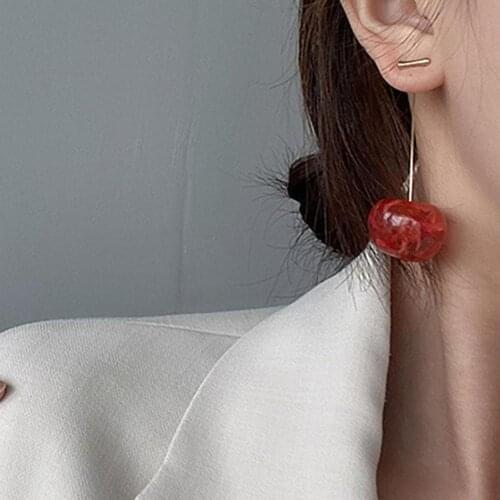 Women Girl Fashion Elegant Red Cherry Long Ear Stud Earrings Party Jewelry Accessory Temperament Lady Earrings Fruit Xmas Gift