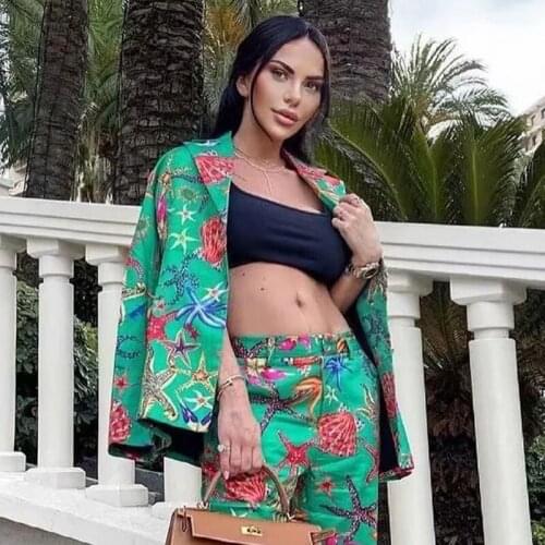 Forido Starfish Shell Print Green Oversized Blazer Jacket Fashion Streetwear Femme Winter Blazer Coat Vintage Blazer Autumn