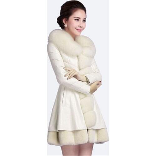 N2018PU leather womens long section large size thickening imitation fox fur collar fur integrated warm slim cotton coat G143