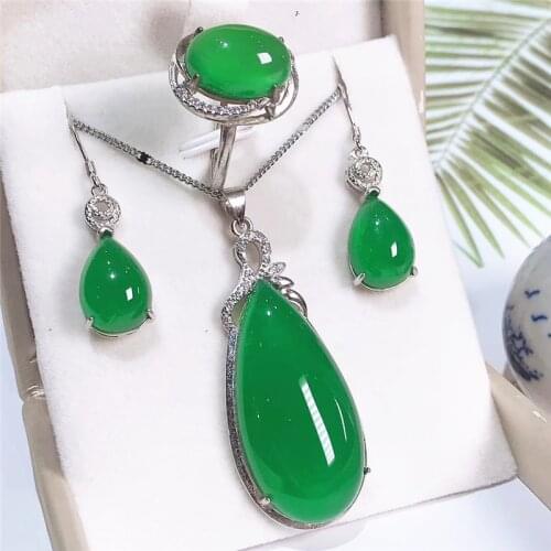 Jadery Gifts For Women Natural Green Jade Stone Necklace Earrings Ring Trendy Party 925 Sterling Silver Jewelry Christmas Gifts