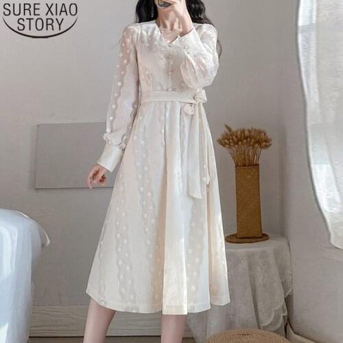 Vintage Lace Dress Women Long Sleeve Bandage Dresses Vestido Feminino Sweet V-neck Button Lace Up A-line High Waist Dress 12919