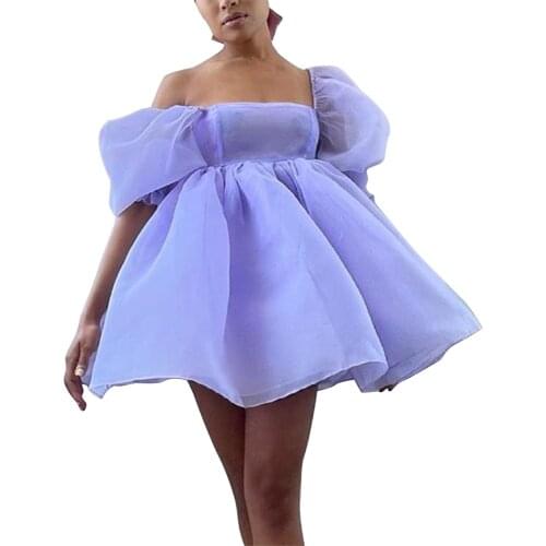 Women Off Shoulder Puffy Sleeve Mini Dress Chic Tulle Princess Dress Ruffle Mesh Wedding Evening Party Prom Mini Dress Ladies