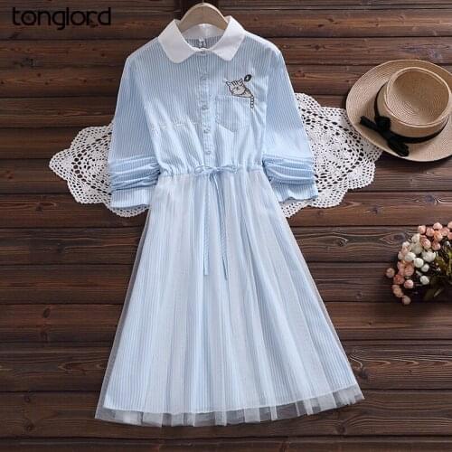 Women Retro Sweet Midi Dresses 2021 Autumn Long Sleeve Pocket Embroidery Cat A-Line Dress Female Single-breasted Vestidos