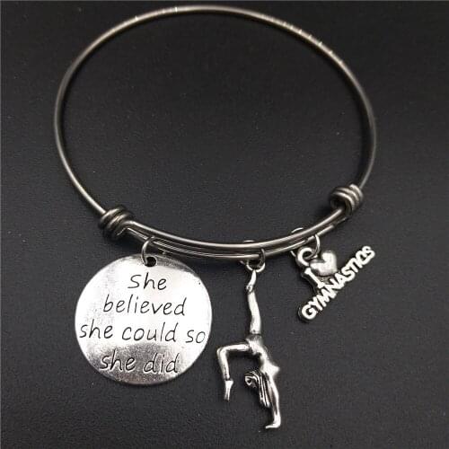 2.5 inch I Love Gymnastics Jewelry Gymnast Gift Stainless Steel Wire Bangle She Believed She Could Charm Wholesale Bulk Bracelet