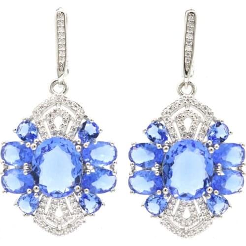 46x24mm New Statement Jewelry Set Rich Blue Violet Tanzanite Zircon Ladies Bride Wedding Silver Earrings Pendant