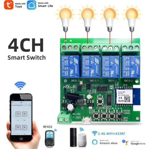 4CH Wifi Smart Light Switch,RF433,DC 5/12/32V,4 Channel Inch Pulse Relay,Remote Control by Alexa Google Home,Tuya Smart Life