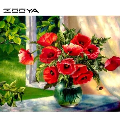 ZOOYA Diamond Embroidery 5D DIY Diamond Painting Red Flower Vase Windowsill Diamond Painting Cross Stitch Rhinestone Mosaic BY09