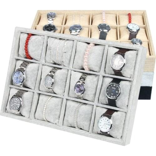 Velvet/Linen 12 Grids Watch Bracelet Display Storage Tray Jewelry Pillow Tray Headdress Jewelry Display Organizer Tray